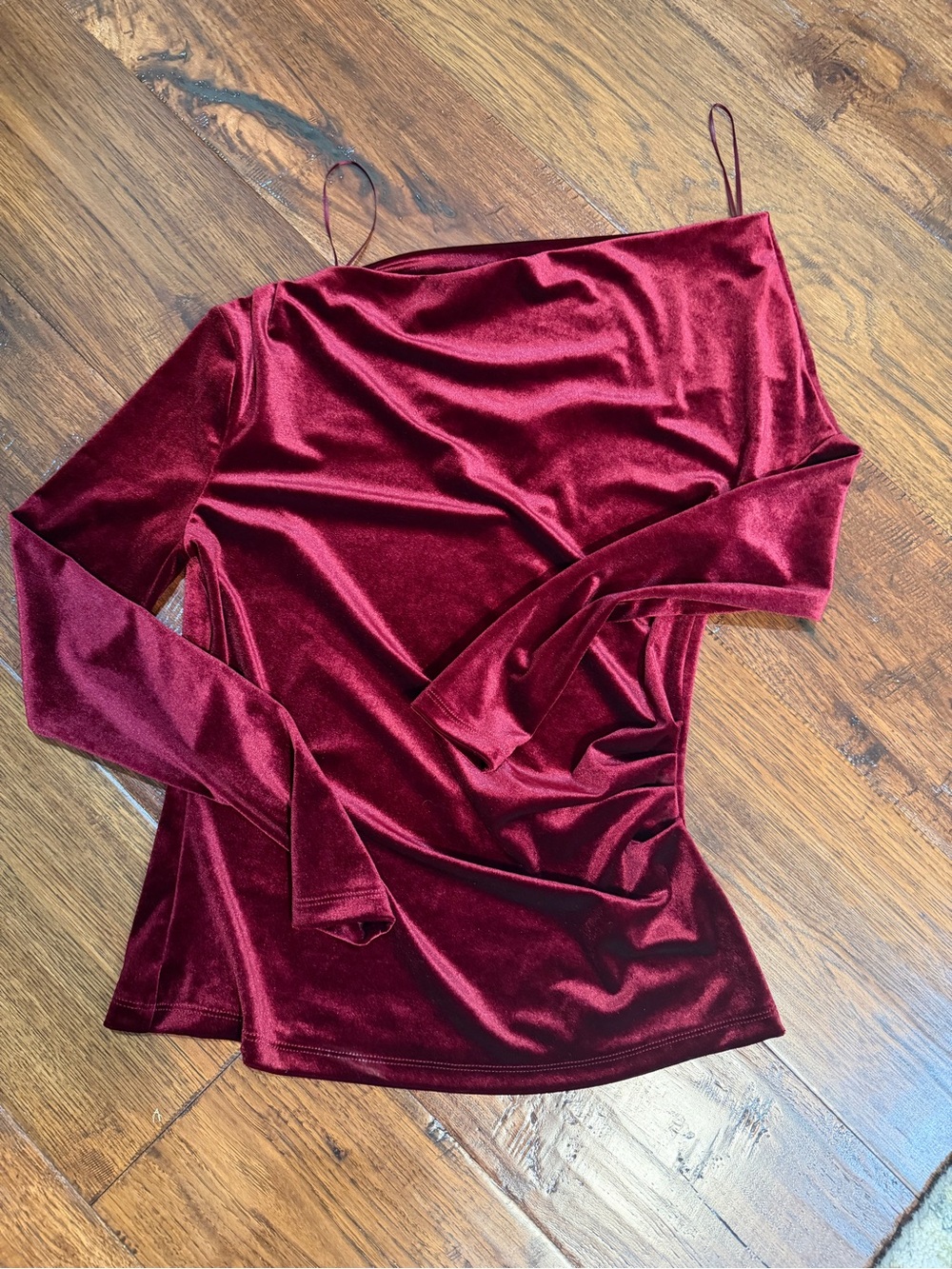 Velvet One-Shoulder Long-Sleeve Silk Velvet Off Shoulder Top - Burgundy